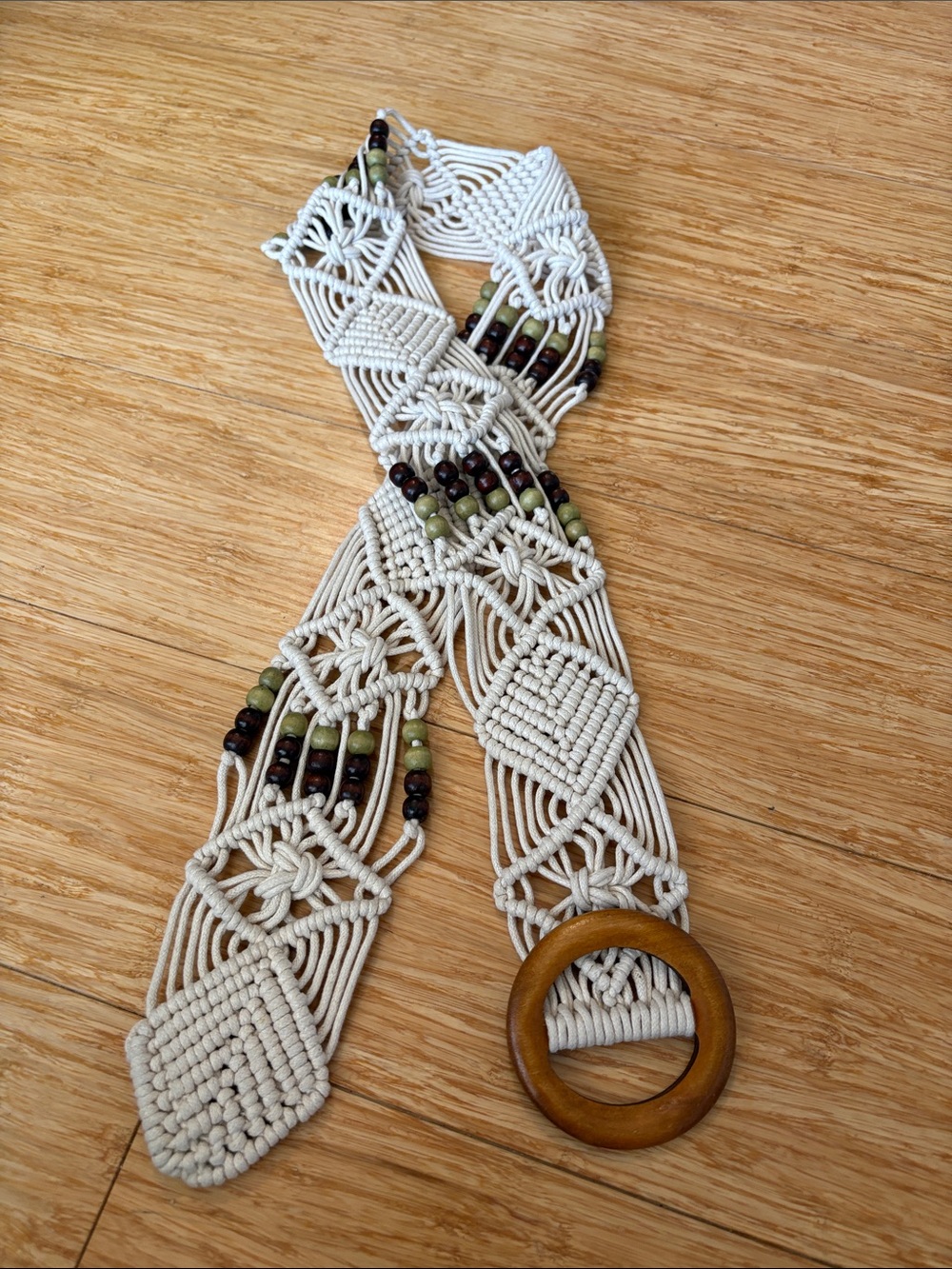Vintage Boho Macrame Beaded Belt Cream Off White Wooden O Ring Buckle 41.5"